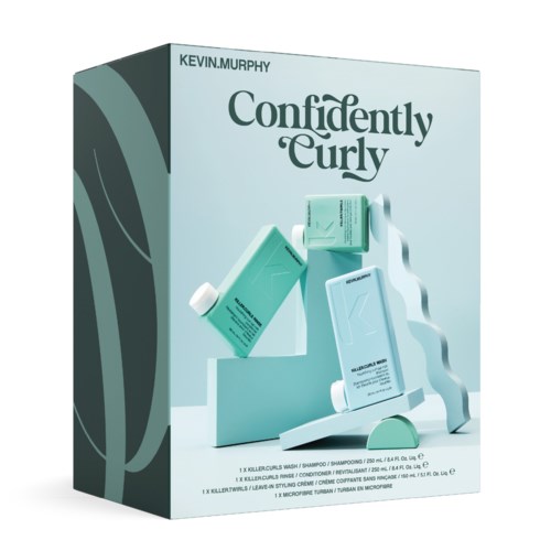 A box containing hair products like shampoo, conditioner, and styling cream, labeled "Confidently Curly" and "Kevin Murphy."