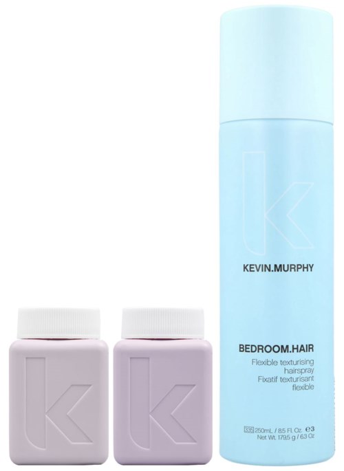 Two pink bottles and a light blue can, likely hair products, are shown in a simple, clean layout.