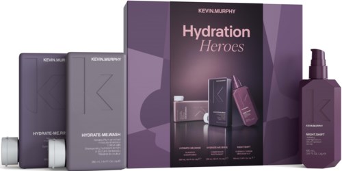 Kevin Murphy Hydration Heroes -käsittelysarja, pakkauksessa purkkeja ja tubia violettia pakkausta.