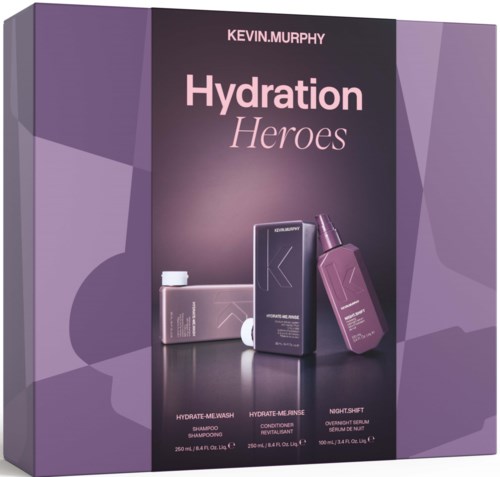 Hydration Heroes näyttää Kevin Murphy -ihonhoitotuotteet kuten sampoon, hoitoaineen ja yössä naamioliuoksen violetilla taustalla.
