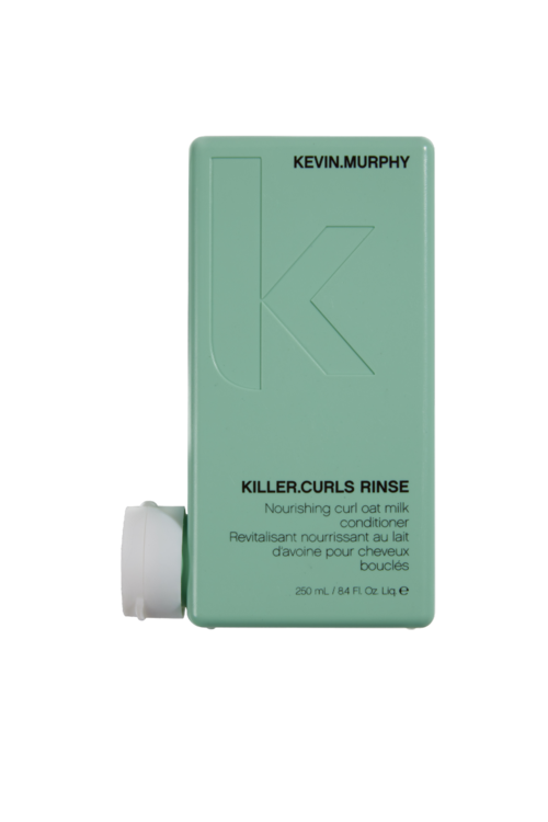 A mint green bottle labeled Kevin Murphy Killer Curls Rinse, a nourishing curl conditioner, with a white cap on the side.