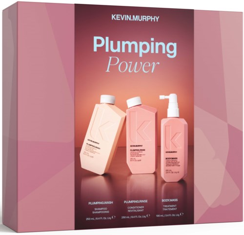 Visa Kevin Murphy Plumping Power hårvårdsset med schampo, balsam och kroppsmassagebehandlingar.