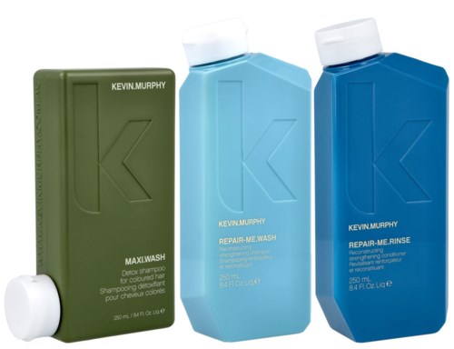 Drie flessen Kevin Murphy haarproducten in groen, lichtblauw en donkerblauw met dop. Logo op flessen.