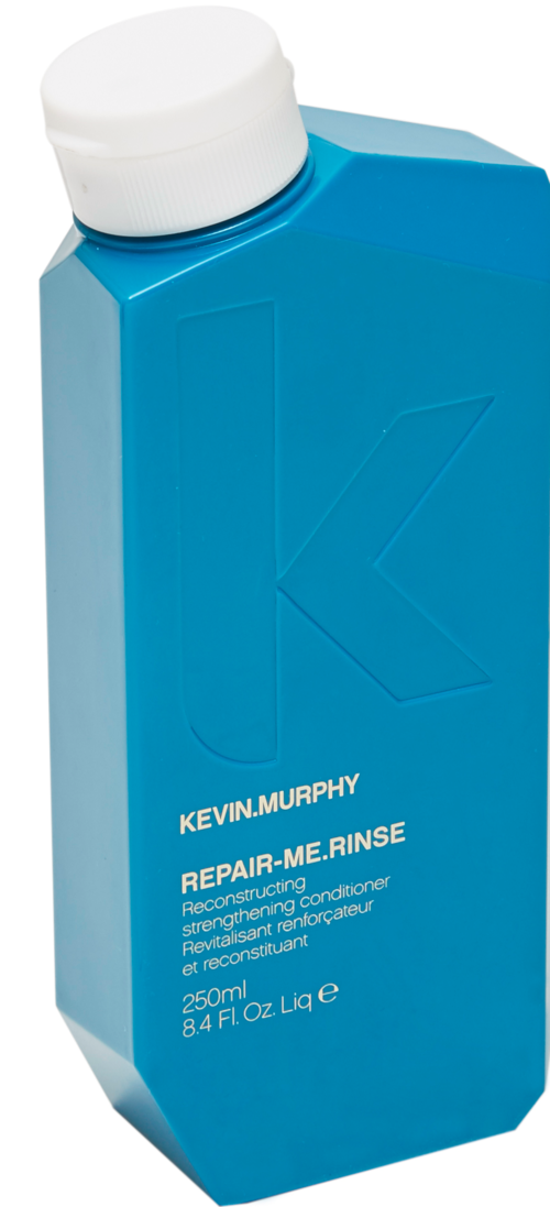 Blå flaske med Kevin Murphy hårbalsam med hvit lokk, 250 ml størrelse, elegant design.