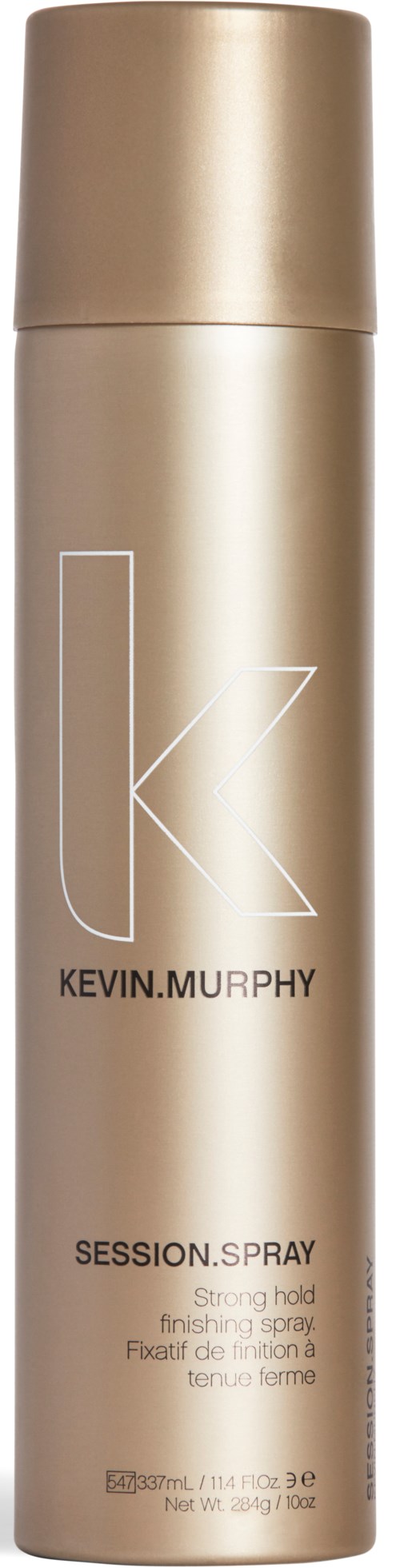 En lang, beige metallflaske merket 'Kevin Murphy' med 'SESSION. SPRAY' skrevet under, brukt til hårstyling.