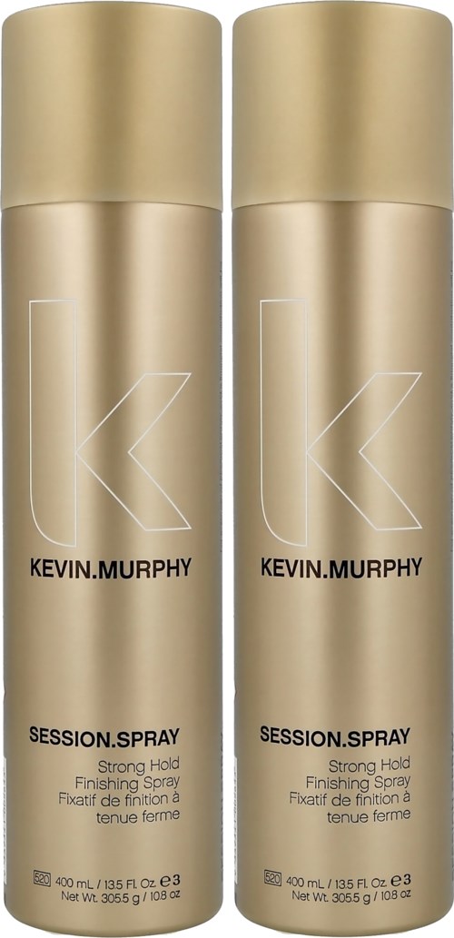 To gullfargede bokser med Kevin.Murphy Session Spray, et sterk holdende avslutningsspray.