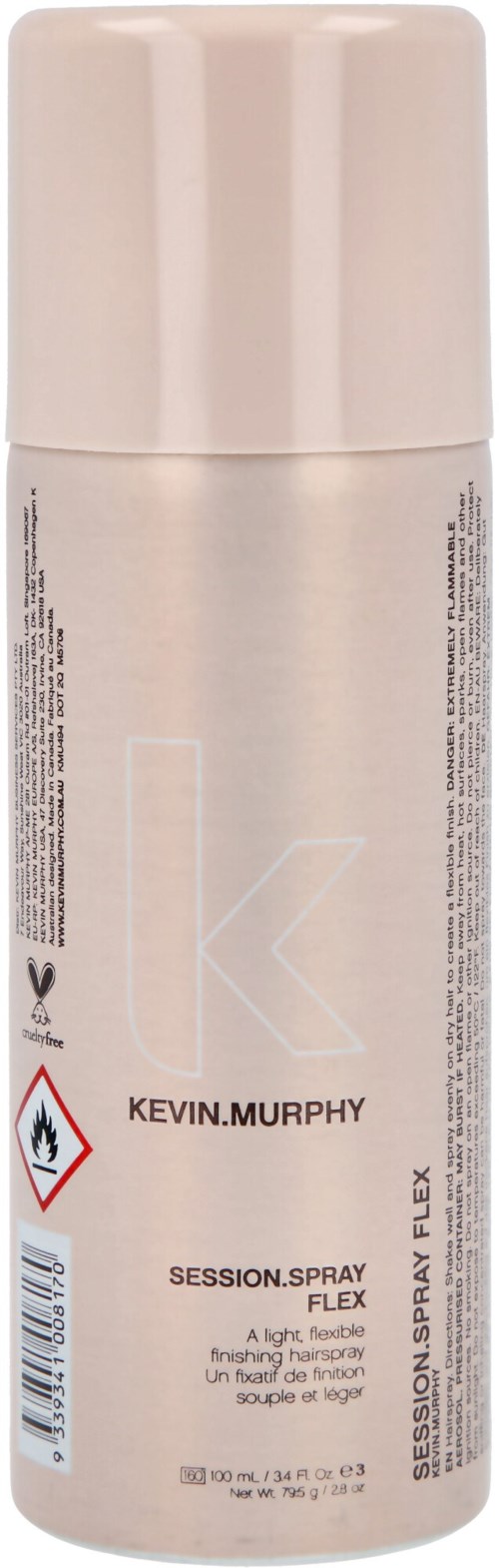 En hvit sprayboks med svart tekst, advarselsymboler og stort bokstav 'K'. Den står 'KEVIN.MURPHY SESSION.SPRAY FLEX'.