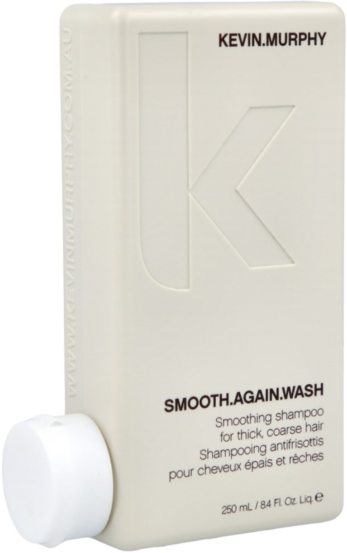 En hvid shampoo-flaske med rund prop, mærket 'Kevin.Murphy' og 'Smooth.Again.Wash'.