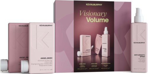 Kevin Murphy Visionary Volume hårvårdsset med schampo, balsam, spray och förpackning.