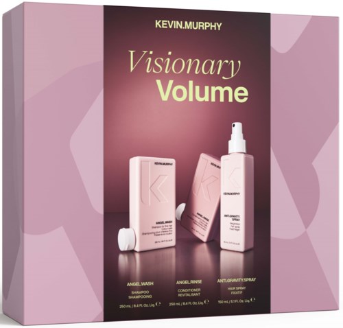 Kevin Murphy Visionary Volume hårvårdsprodukter med schampo, balsam och spray på rosa bakgrund.