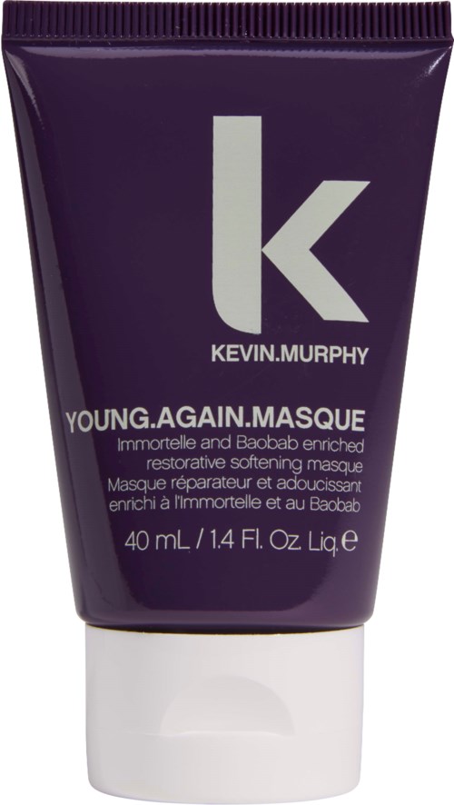 Violetti putkilin, jossa valkoinen kansi, ja teksti 'Kevin Murphy Young Again Masque' hiustenhoitoon.