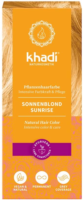 Pomarańczowe pudełko z tekstem o naturalnym kolorze włosów, wegańskie, trwałe, pokrycie siwych włosów, słoneczny blond.