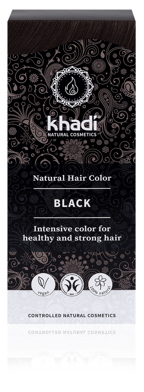 A black box with silver and white designs, showing a brand logo, product name, and icons for hair health.