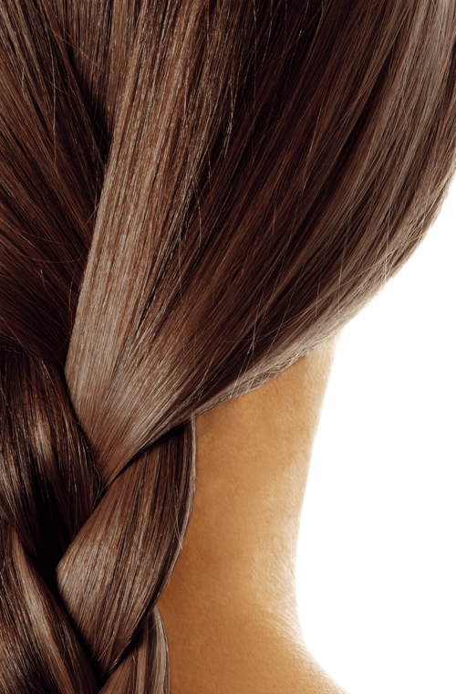 Close-up of long, shiny brown hair styled in a braid, with part of a tan shoulder visible.