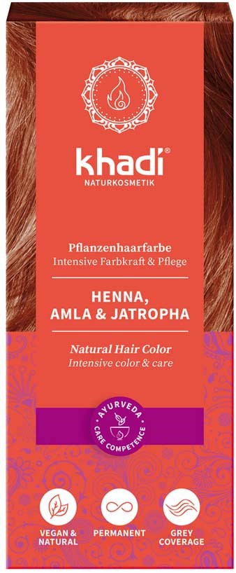 En eske for plantebasert hårfarge med rødt, lilla og oransje fargevalg, viser hår, merkevaren Khadi og produktdetaljer.