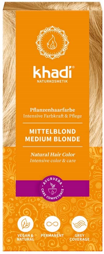 Opakowanie przedstawia średnio blond farbę do włosów marki Khadi, z naturalnymi, wegańskimi i trwałymi cechami, z fioletową odznaką certyfikacji.
