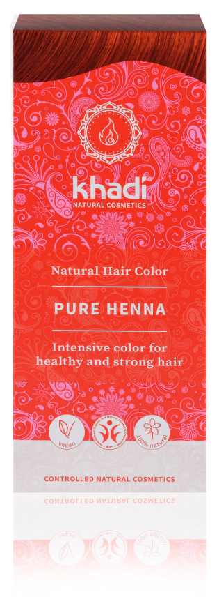 Red box with floral design, brand name Khadi, says Pure Henna, for healthy and strong hair. Contains natural ingredients.