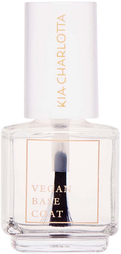 Puhdas lasipullo, jossa valkoinen korkki ja teksti 'Kia Charlotte' ja 'Vegan Base Coat'.