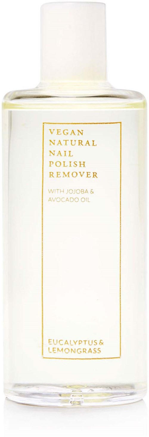 Clear bottle with white cap, label says vegan nail polish remover with jojoba and avocado oil, eucalyptus, and lemongrass.