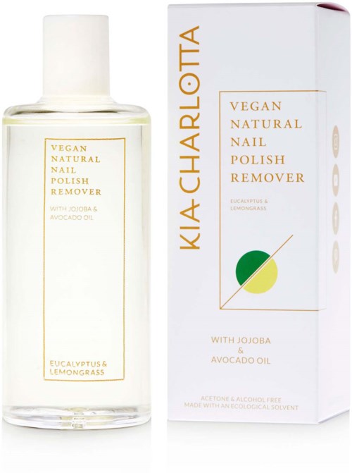 A bottle and box of vegan nail polish remover with jojoba and avocado oil, featuring a simple white and gold design.