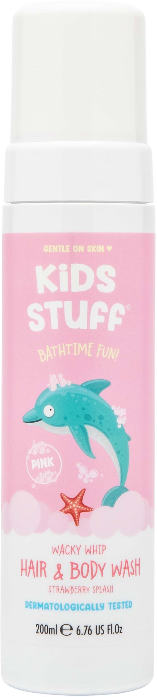 Różowa butelka z napisem "Kids Stuff" z grafiką delfina i rozgwiazdy, do mycia włosów i ciała dla dzieci.