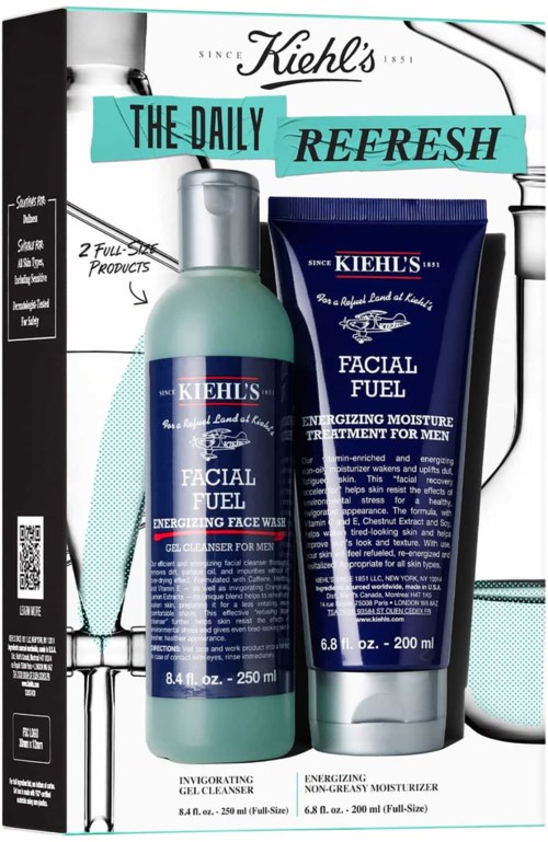 A facial skincare set with a cleanser and moisturizer from Kiehl's, labeled for men and called The Daily Refresh.