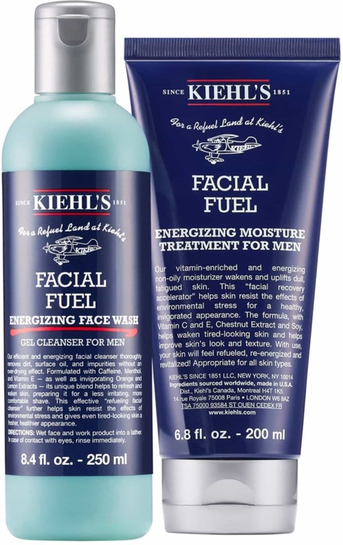 Two skincare products, one in a light blue bottle and one in a dark blue tube, labeled Kiehl's Facial Fuel for men.
