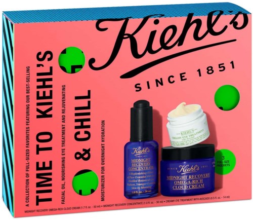 Kiehl's Hautpflege-Set mit Cremes und Serum für Feuchtigkeit und Erholung, mit buntem Verpackungsdesign.