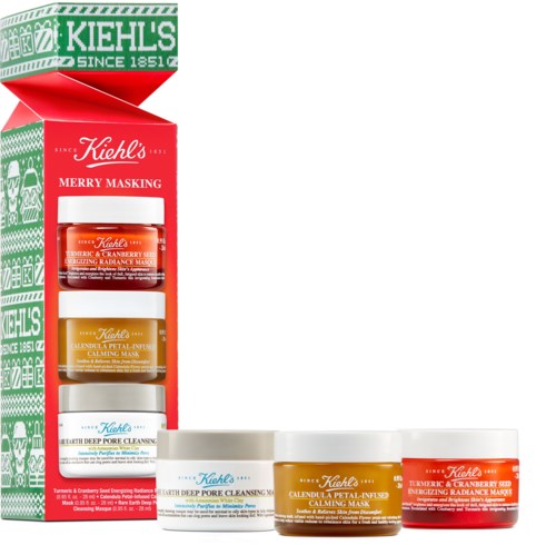 Pakke med tre Kiehl's ansiktsmasker i forskjellige farger og formål, pluss en juleinspirert eske.