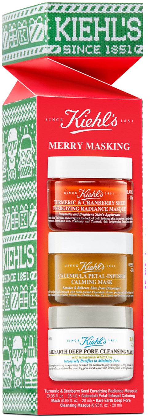 En Kiehl's-gaveeske med tre hudpleiekrukker: Merry Masking, Calendula Petal-Infused Calming Mask, Earth Deep Pore Cleansing.
