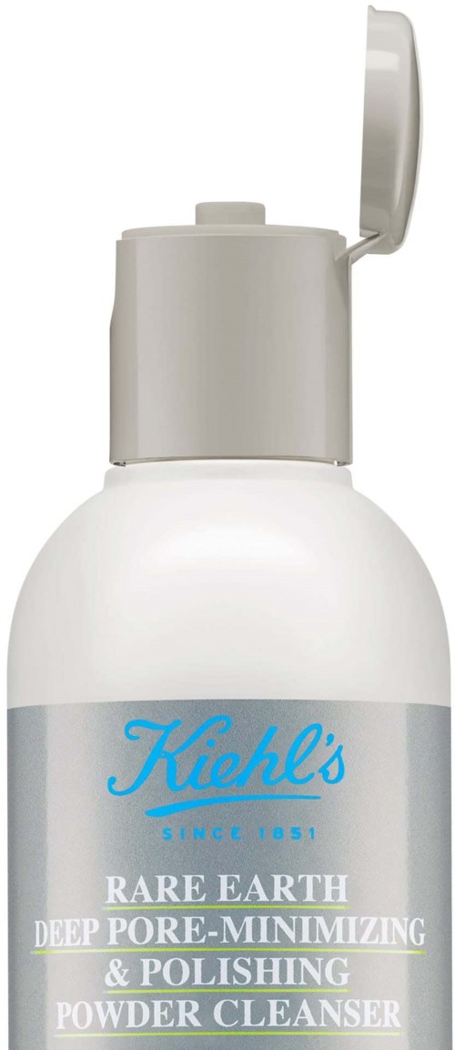 A white bottle with a flip-top cap, labeled "Kiehl's Rare Earth Deep Pore-Minimizing & Polishing Powder Cleanser."