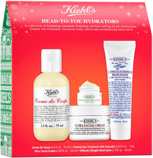 Kiehls hudpleiesett med ansiktsfuktighetskrem, øyekrem, ansiktskrem og håndsalve i en julegaveeske.