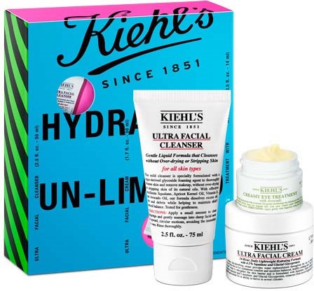 A Kiehl's skincare set includes a facial cleanser and a cream, both designed to improve skin without causing dryness.