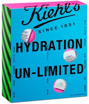 Kiehl's logo with the text 'HYDRATION UN-LIMITED' and some product images on a blue background.
