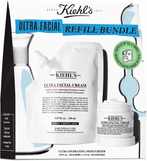 Kiehl's Ultra Facial Refill Bundle with cream, moisturizer, and face wash, emphasizing hydration and eco-friendly packaging.
