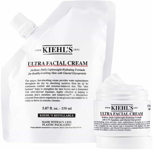 Kiehl's Ultra Facial Cream in a refillable tube, describes hydration, skin health, and ingredients like squalane and glacier glycoproteins.