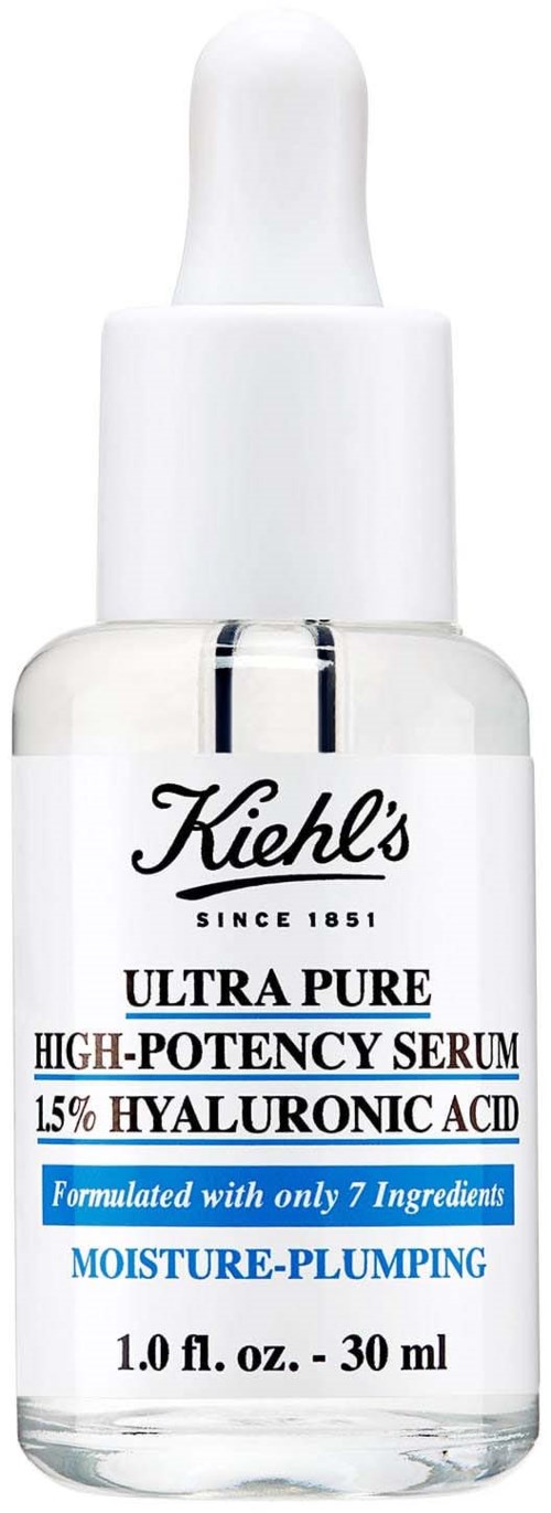 En vit flaska med pipettlock, märkt Kiehl's Ultra Pure Hyaluronic Acid serum, 30 ml.