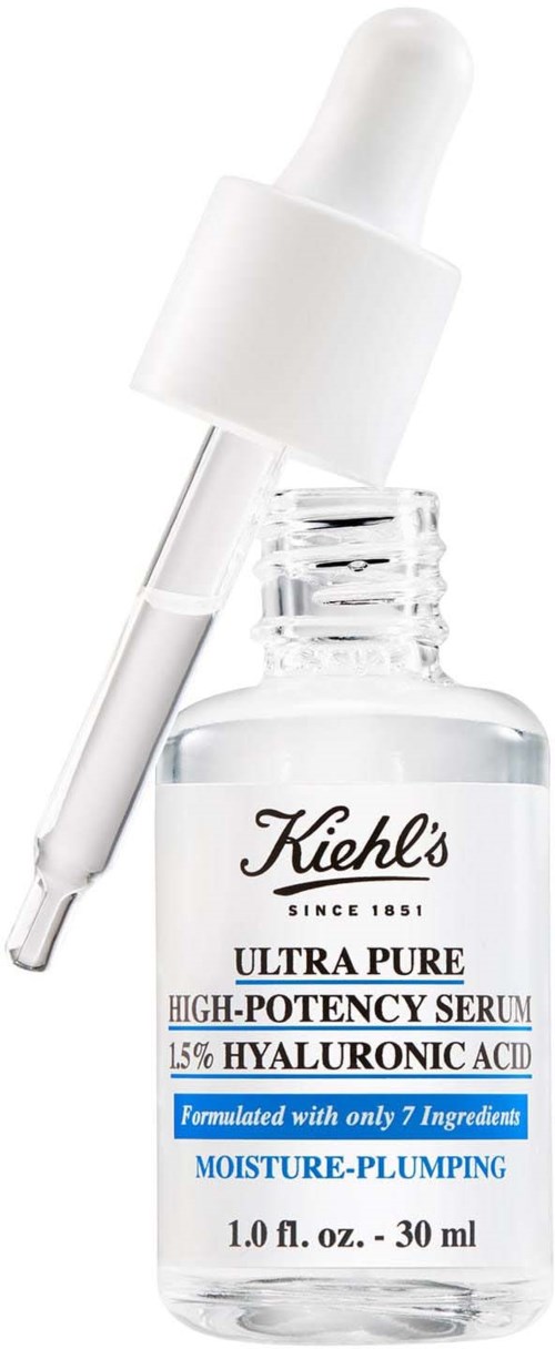En klar glasflaska med pipett, märkt 'Kiehl's Ultra Pure High-Potency Serum' med ingredienser och fördelar.