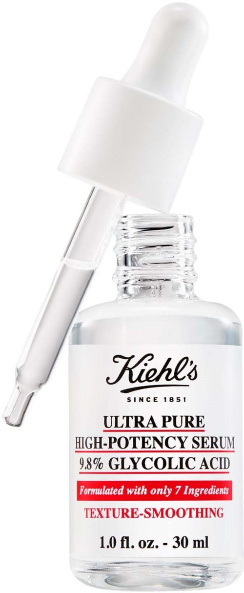 En lille klar glasflaske med hvid pipette, mærket Kiehl's Ultra Pure serum, indeholder 98% glycolsyre.
