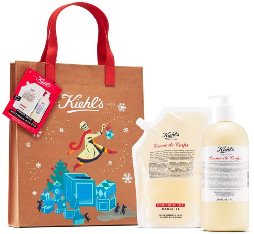 Kiehl's julklappspåse med hudvårdsprodukter och festligt design.