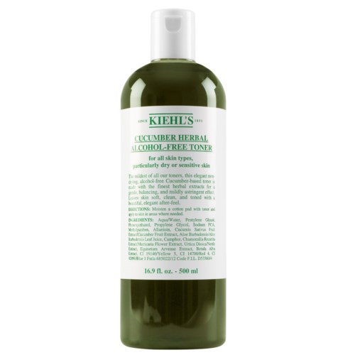 Kiehl's cucumber herbal alcohol-free toner in a green bottle, suitable for all skin types, especially dry and sensitive skin.
