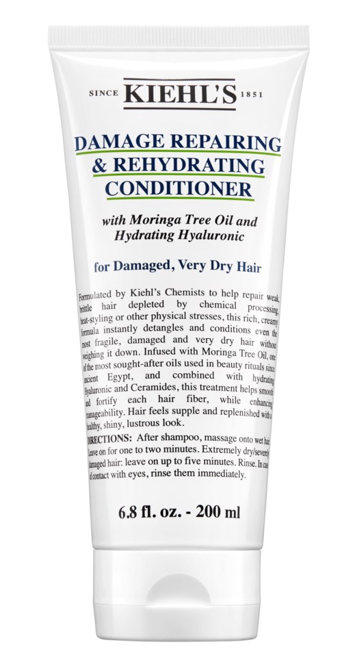 A white tube of Kiehl's damage repairing and rehydrating conditioner for very dry hair, with details about ingredients and usage.