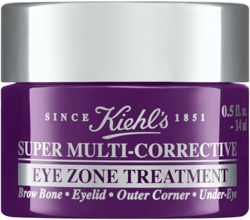 A purple jar of Kiehl's Super Multi-Corrective Eye Zone Treatment with silver lid, described as a skincare product.