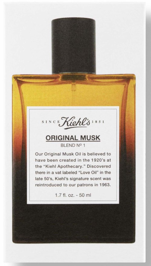 Een flesje Kiehl's Original Musk-parfum met een zwarte dop en wit etiket, geplaatst op een witte achtergrond.