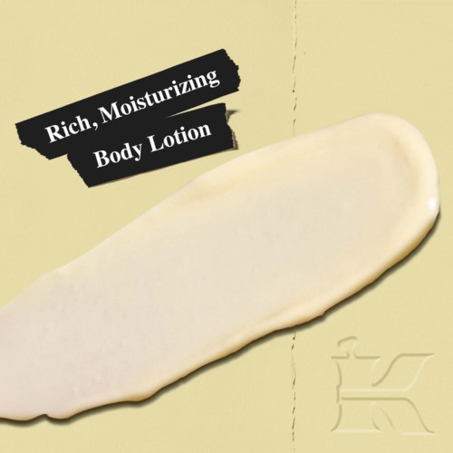 A smear of creamy, pale-colored body lotion with text that says Rich, Moisturizing Body Lotion.
