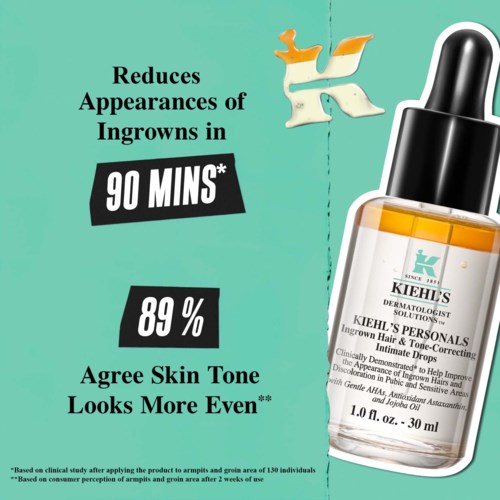 Kiehl's-tuote vähentää sisäänkasvaneiden hiusten näkyviä merkkejä 90 minuutissa, 89% ovat samaa mieltä, että iho näyttää tasaisemmalta, sisältää seerumipullon.