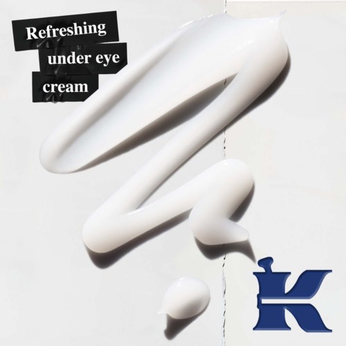 Een witte crème in druppelvorm met zwarte tekst "Refreshing under eye cream" en een blauwe logo.