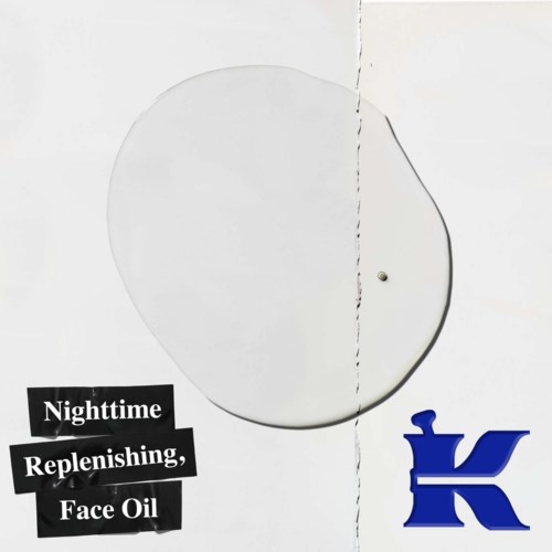 A label says "Nighttime Replenishing Face Oil" next to a blue logo on a white background.