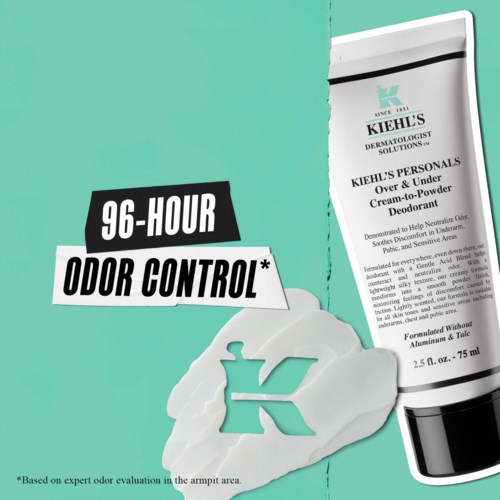 Eine Tube Kiehl's Deo mit Label, Schaum und schwarz-weißer Hintergrund.