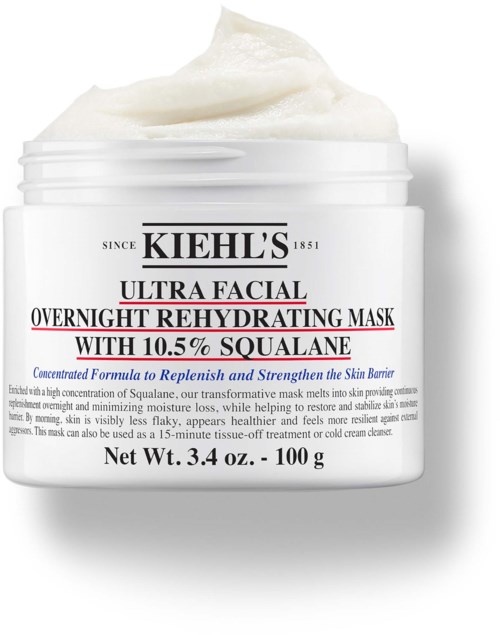 En vit burk med Kiehl's Ultra Facial Overnight Rehydrating Mask med 10,5 % Squalane, märkt för hudens återfuktning.